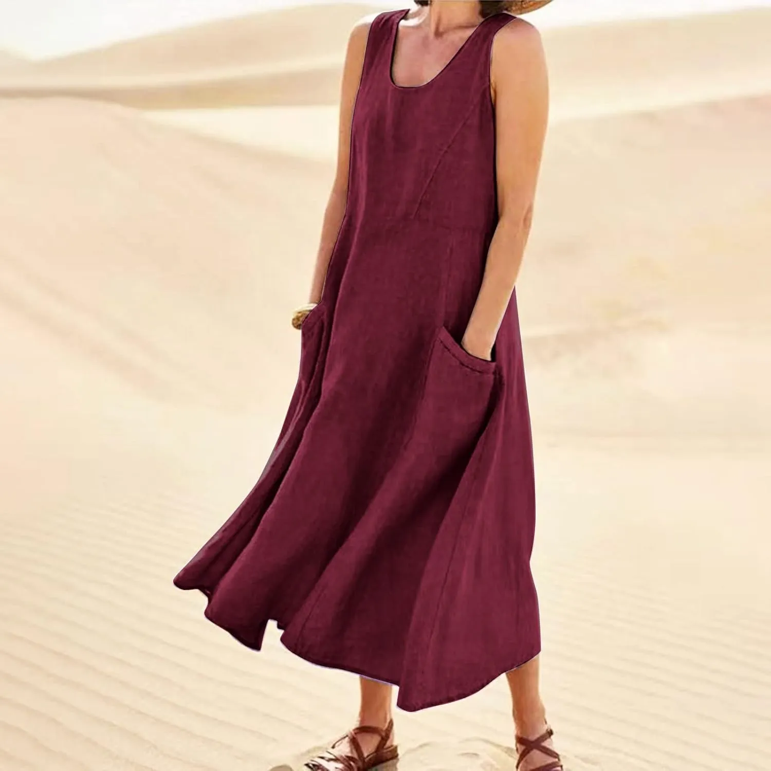 Women Maxi Dress Cotton Linen Loose Fit Dresses Summer Beach Dress Sleeveless Hawaiian Long Formal with Pockects