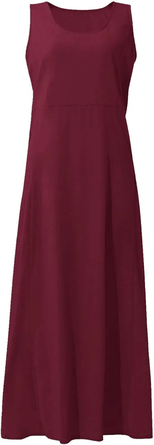 Women Maxi Dress Cotton Linen Loose Fit Dresses Summer Beach Dress Sleeveless Hawaiian Long Formal with Pockects