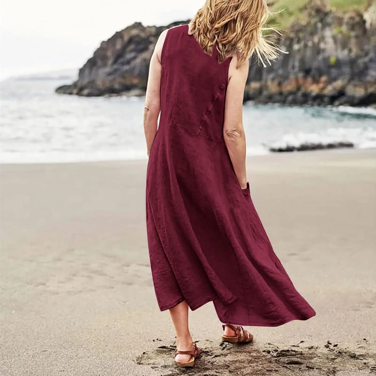 Women Maxi Dress Cotton Linen Loose Fit Dresses Summer Beach Dress Sleeveless Hawaiian Long Formal with Pockects