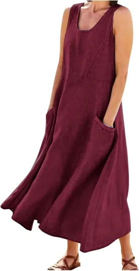 Women Maxi Dress Cotton Linen Loose Fit Dresses Summer Beach Dress Sleeveless Hawaiian Long Formal with Pockects
