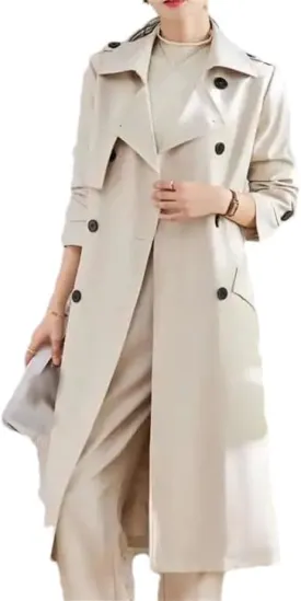 Women Solid Trench Coat Lapel Double Breasted Solid Slim Classic Long Sleeves Belt Office Overcoat