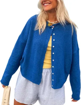 Women Y2k Long Sleeve Crop Cardigan Knitted Solid Color Fuzzy Button Down Sweater Shirt Teen Girls Clothes