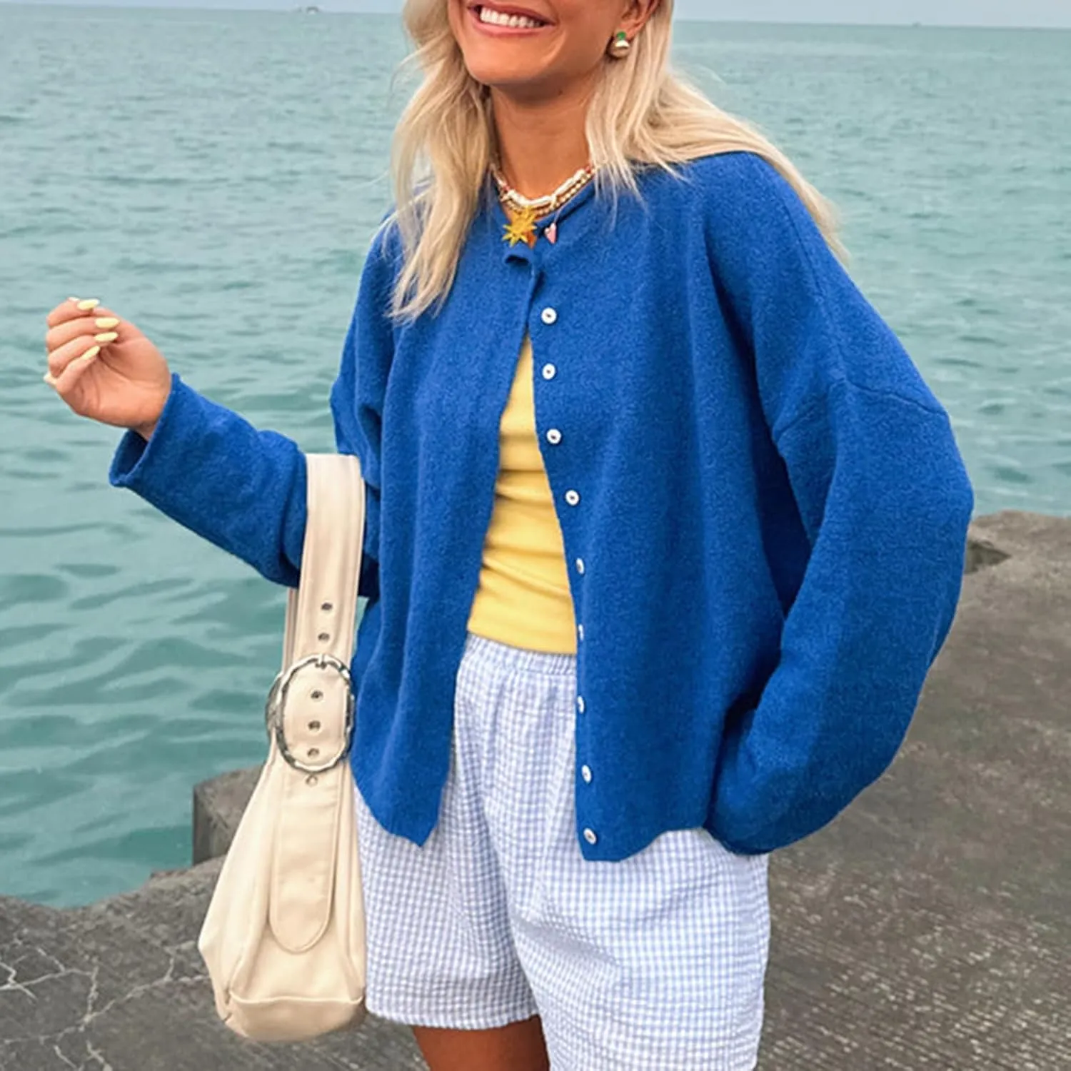Women Y2k Long Sleeve Crop Cardigan Knitted Solid Color Fuzzy Button Down Sweater Shirt Teen Girls Clothes