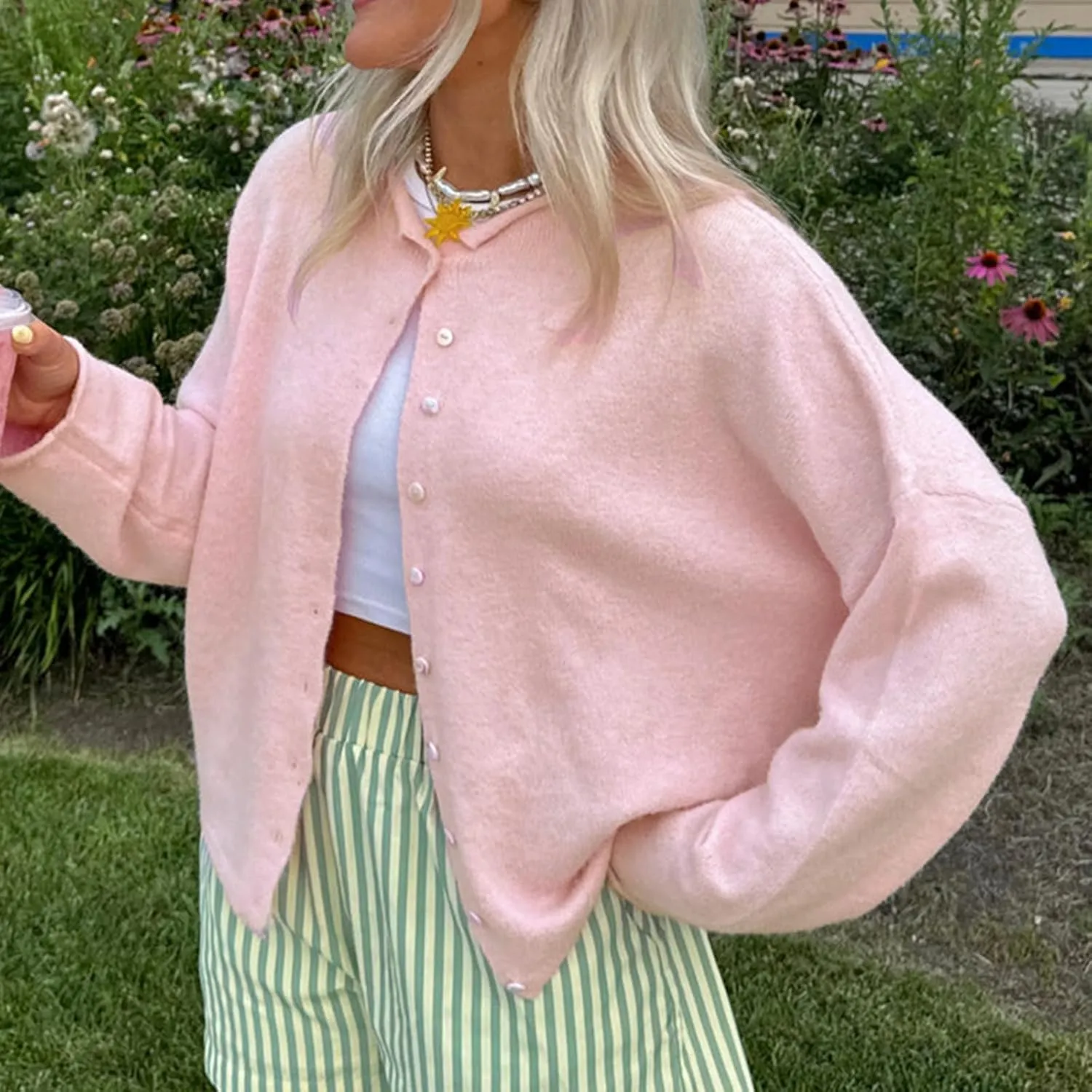 Women Y2k Long Sleeve Crop Cardigan Knitted Solid Color Fuzzy Button Down Sweater Shirt Teen Girls Clothes
