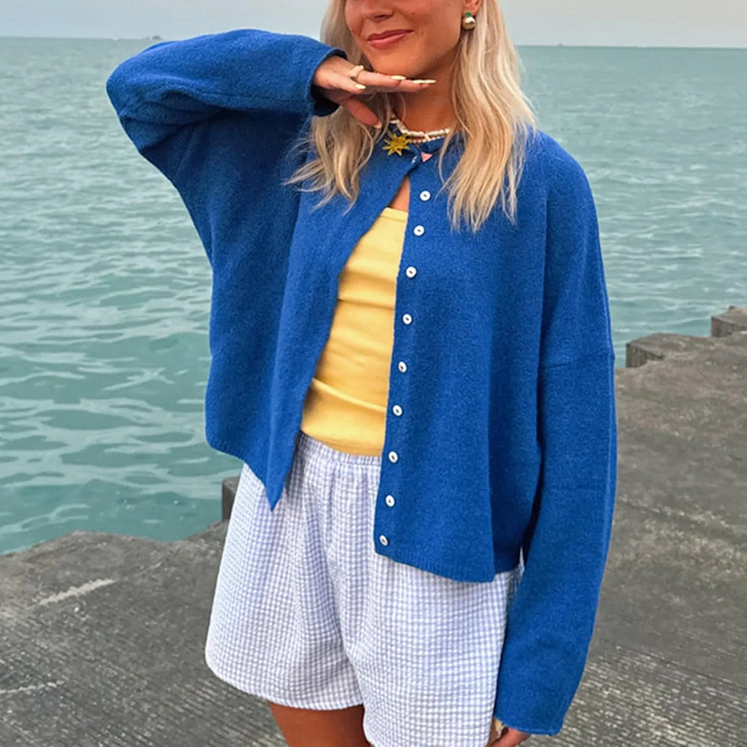 Women Y2k Long Sleeve Crop Cardigan Knitted Solid Color Fuzzy Button Down Sweater Shirt Teen Girls Clothes