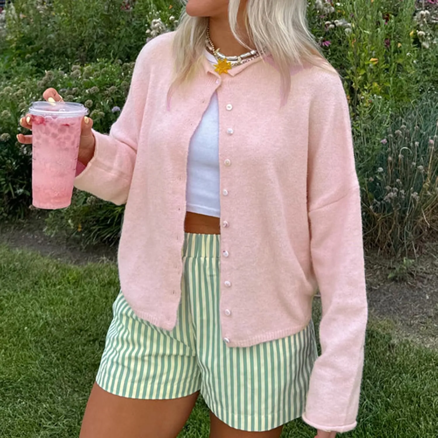 Women Y2k Long Sleeve Crop Cardigan Knitted Solid Color Fuzzy Button Down Sweater Shirt Teen Girls Clothes