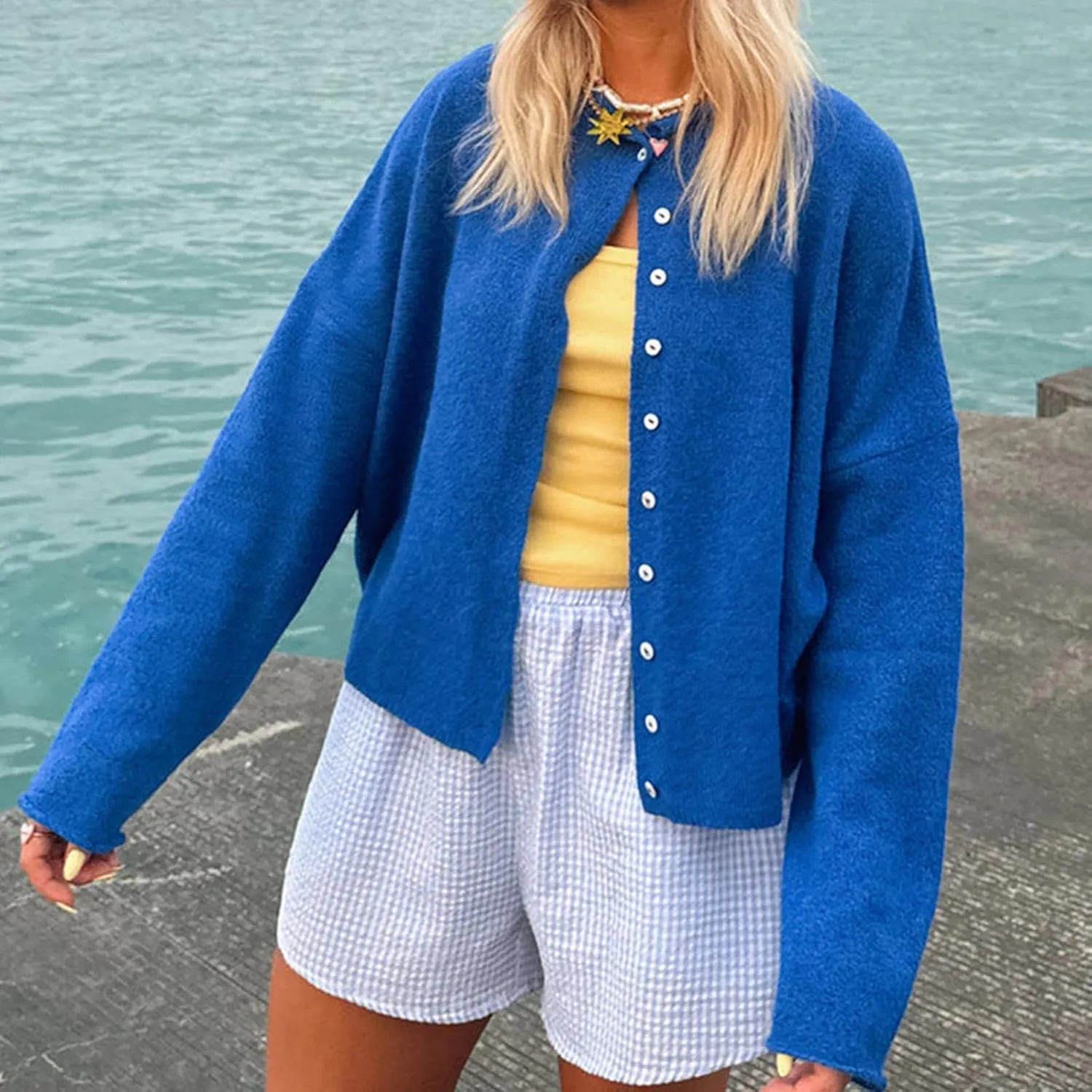 Women Y2k Long Sleeve Crop Cardigan Knitted Solid Color Fuzzy Button Down Sweater Shirt Teen Girls Clothes