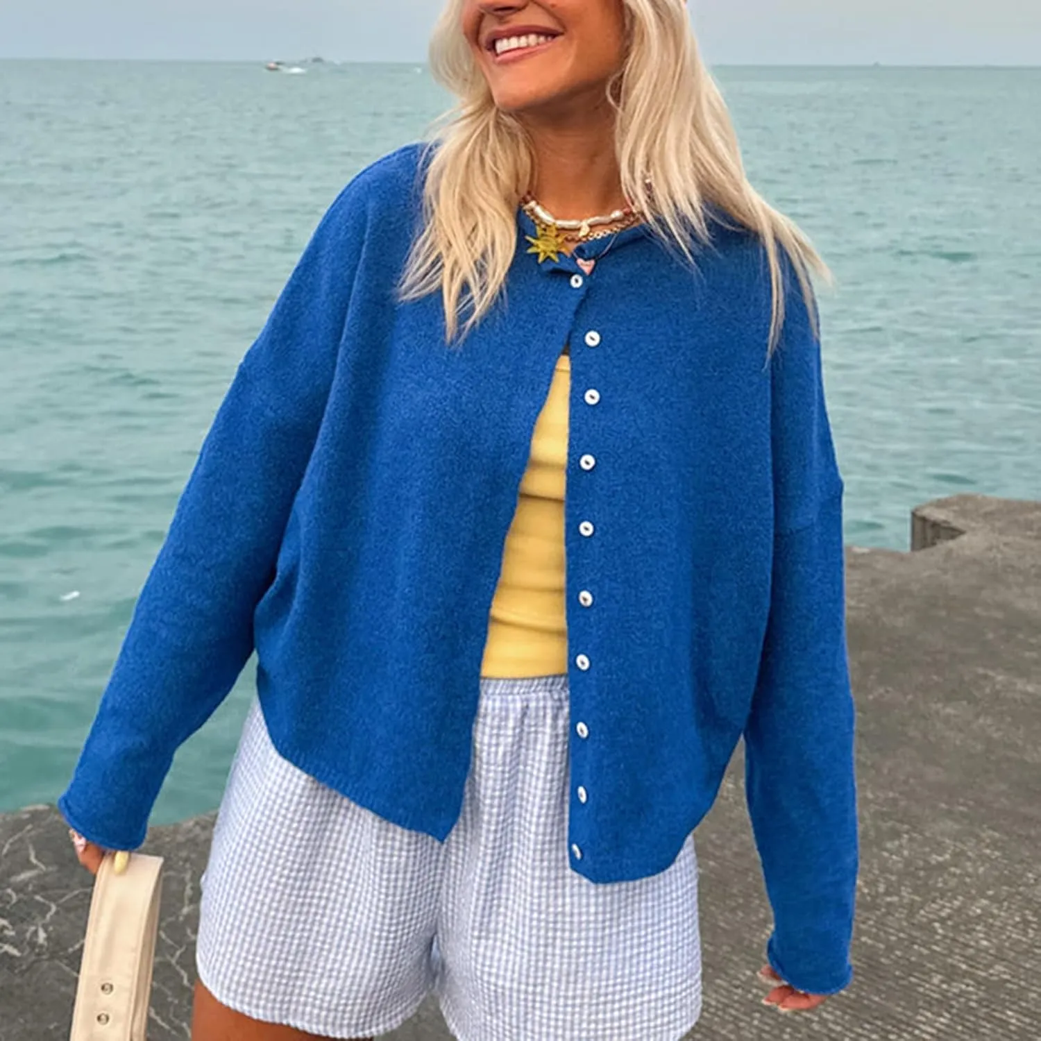 Women Y2k Long Sleeve Crop Cardigan Knitted Solid Color Fuzzy Button Down Sweater Shirt Teen Girls Clothes