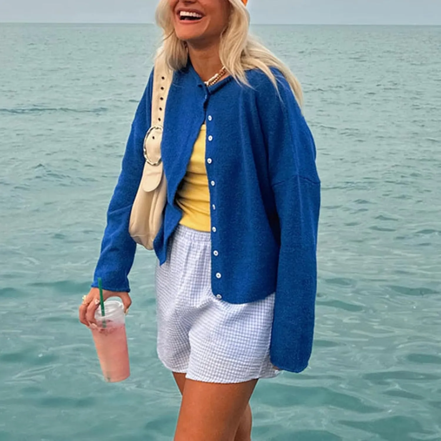 Women Y2k Long Sleeve Crop Cardigan Knitted Solid Color Fuzzy Button Down Sweater Shirt Teen Girls Clothes