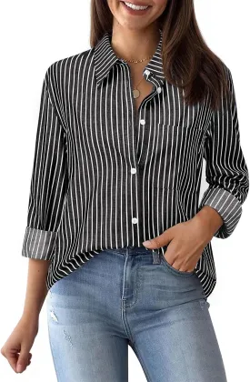 Womens Button Down Shirts Cotton Striped Dress Shirts Long Sleeve Button Up Collared Office Work Blouses Tops