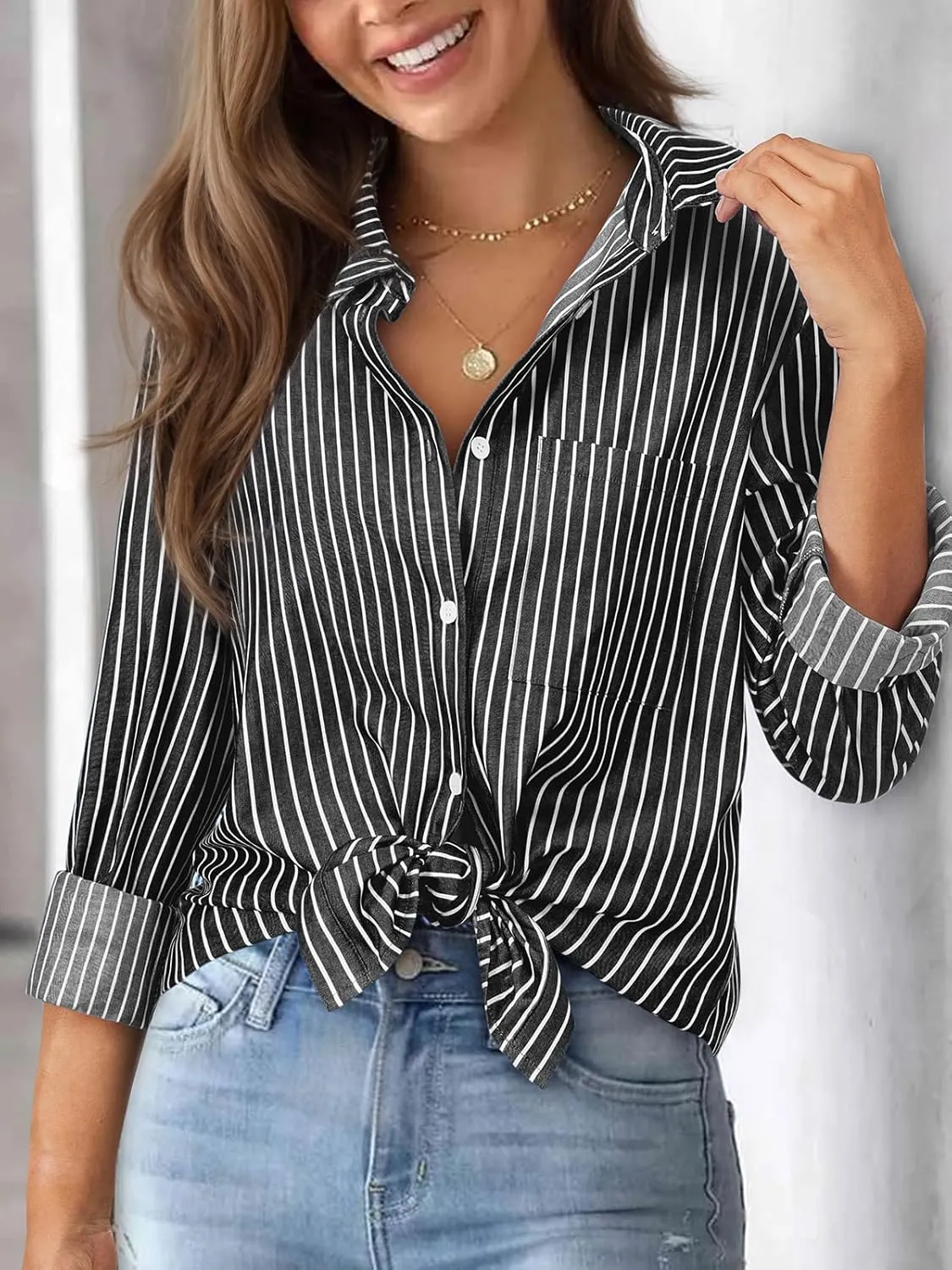 Womens Button Down Shirts Cotton Striped Dress Shirts Long Sleeve Button Up Collared Office Work Blouses Tops