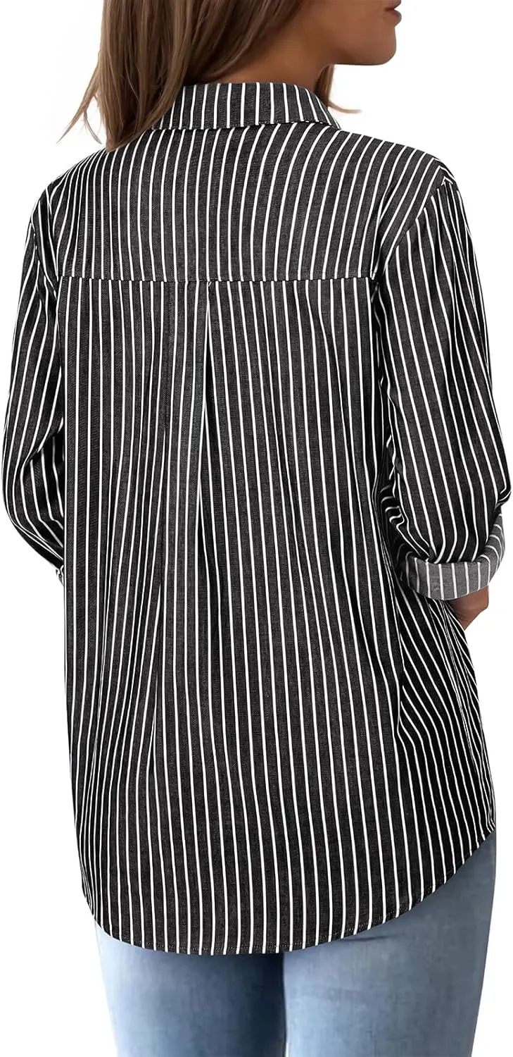 Womens Button Down Shirts Cotton Striped Dress Shirts Long Sleeve Button Up Collared Office Work Blouses Tops