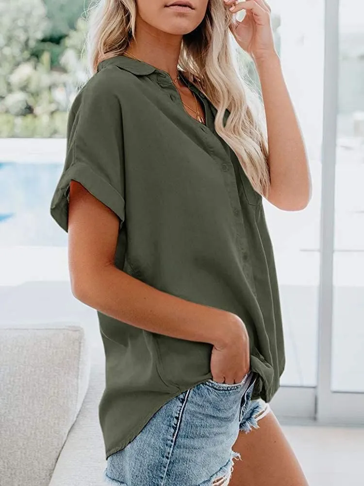 Womens Button Down Shirts Short Sleeve Linen Cotton Collared Button Up Casual Blouses Oversized Tops with Pocket
