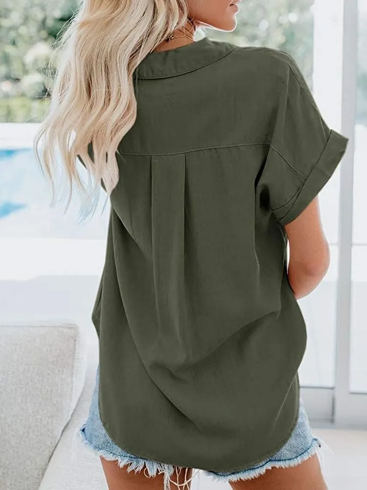 Womens Button Down Shirts Short Sleeve Linen Cotton Collared Button Up Casual Blouses Oversized Tops with Pocket