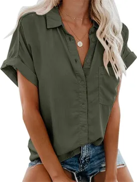 Womens Button Down Shirts Short Sleeve Linen Cotton Collared Button Up Casual Blouses Oversized Tops with Pocket
