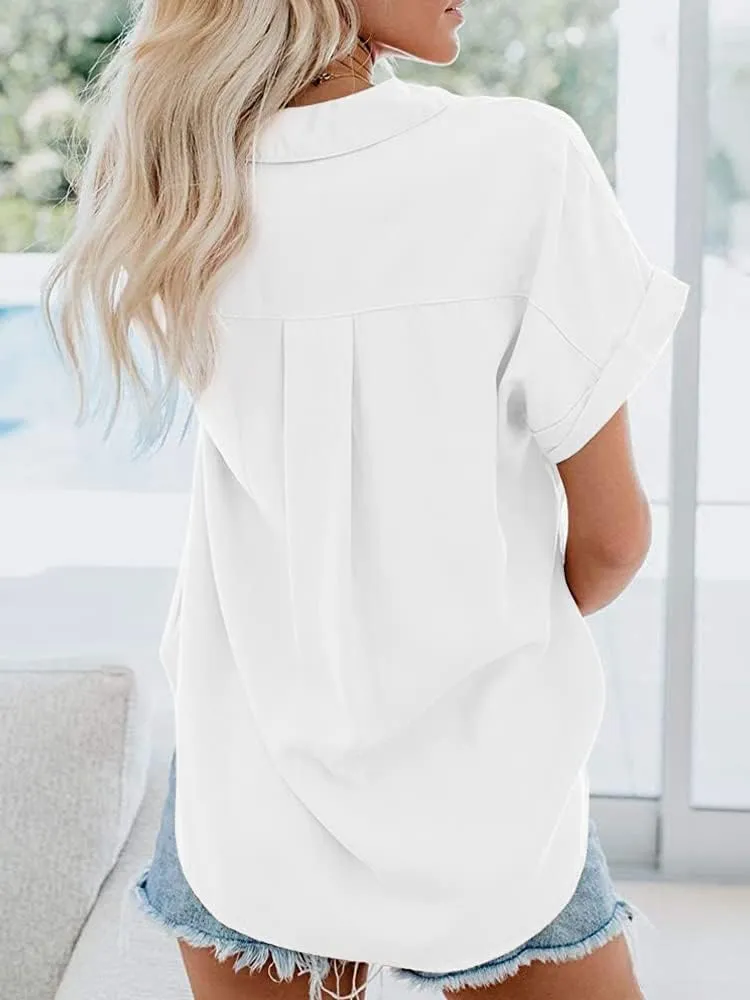 Womens Button Down Shirts Short Sleeve Linen Cotton Collared Button Up Casual Blouses Oversized Tops with Pocket