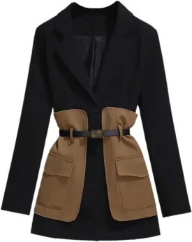 Women's Casual Blazer Set Spring and Autumn Midi Suit Coat Black Pants Two-Piece Set
