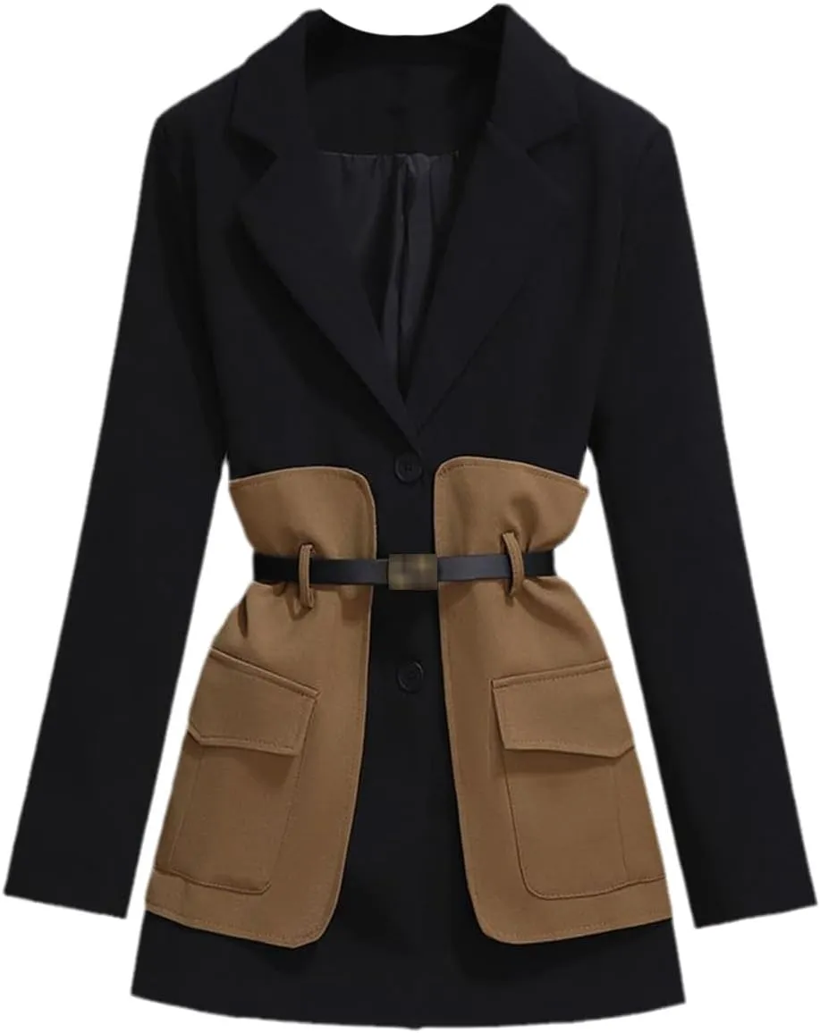 Women's Casual Blazer Set Spring and Autumn Midi Suit Coat Black Pants Two-Piece Set