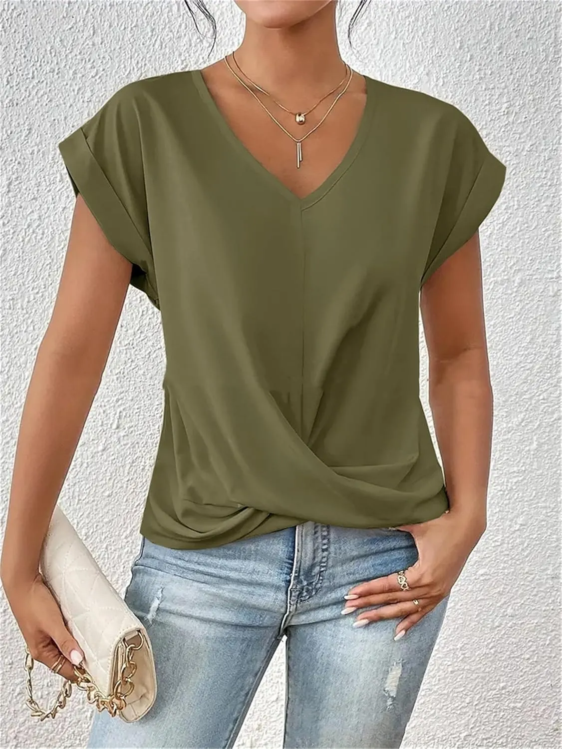 Women's Casual Top Short Sleeve Twist Knot Shirts Slim Fit V Neck T Shirt Tops