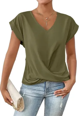 Women's Casual Top Short Sleeve Twist Knot Shirts Slim Fit V Neck T Shirt Tops