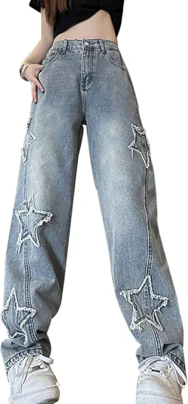 Womens Star Jeans Baggy Cargo Jeans Vintage Casual Y2K Outfits Straight Leg Denim with Pocket