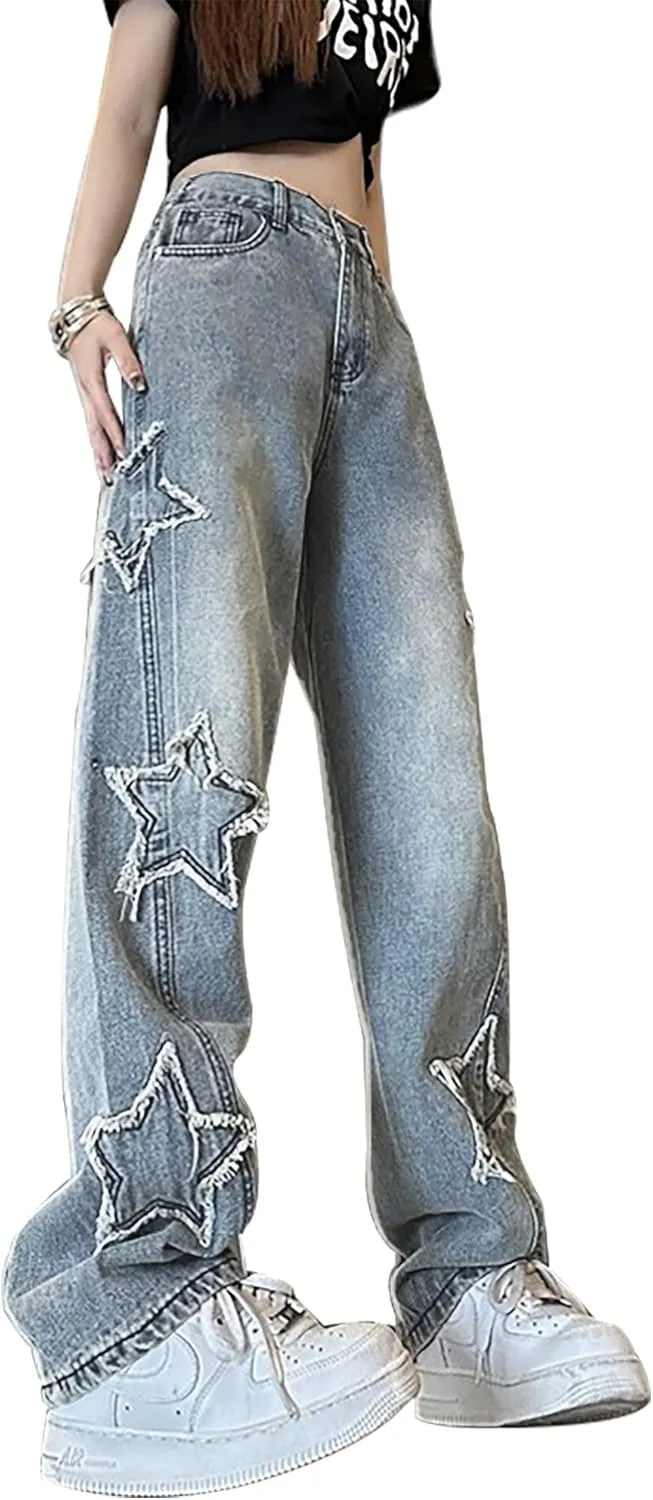 Womens Star Jeans Baggy Cargo Jeans Vintage Casual Y2K Outfits Straight Leg Denim with Pocket