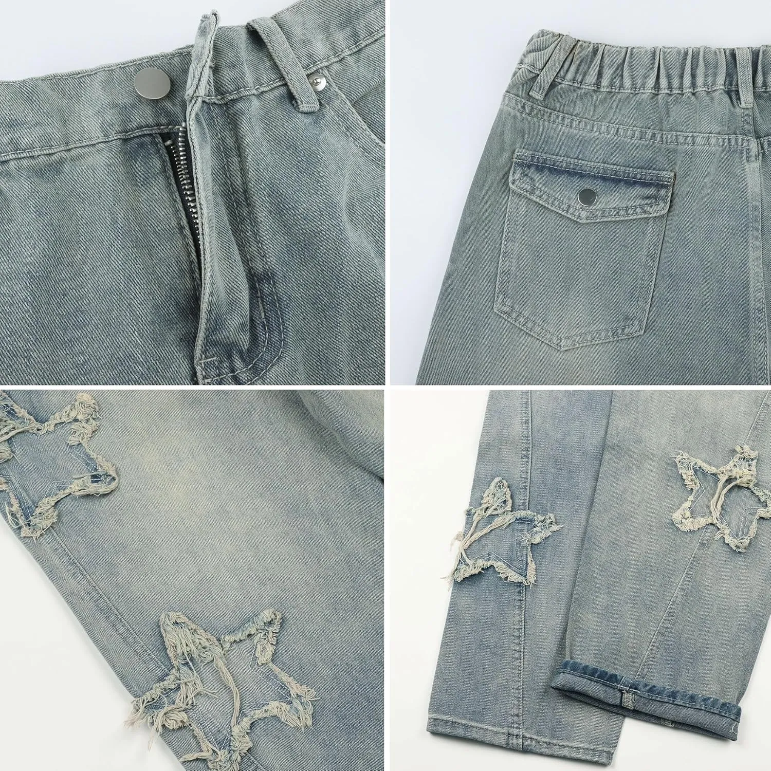 Womens Star Jeans Baggy Cargo Jeans Vintage Casual Y2K Outfits Straight Leg Denim with Pocket