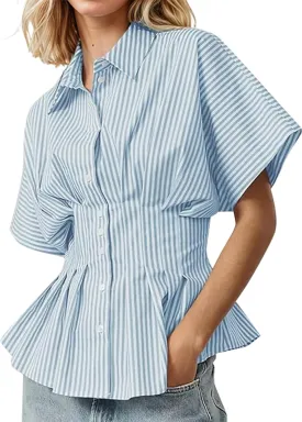 Womens Striped Button Down Shirts Short Sleeve Pleated Peplum Shirts Dressy Casual Lapel Tops Summer Business Blouse