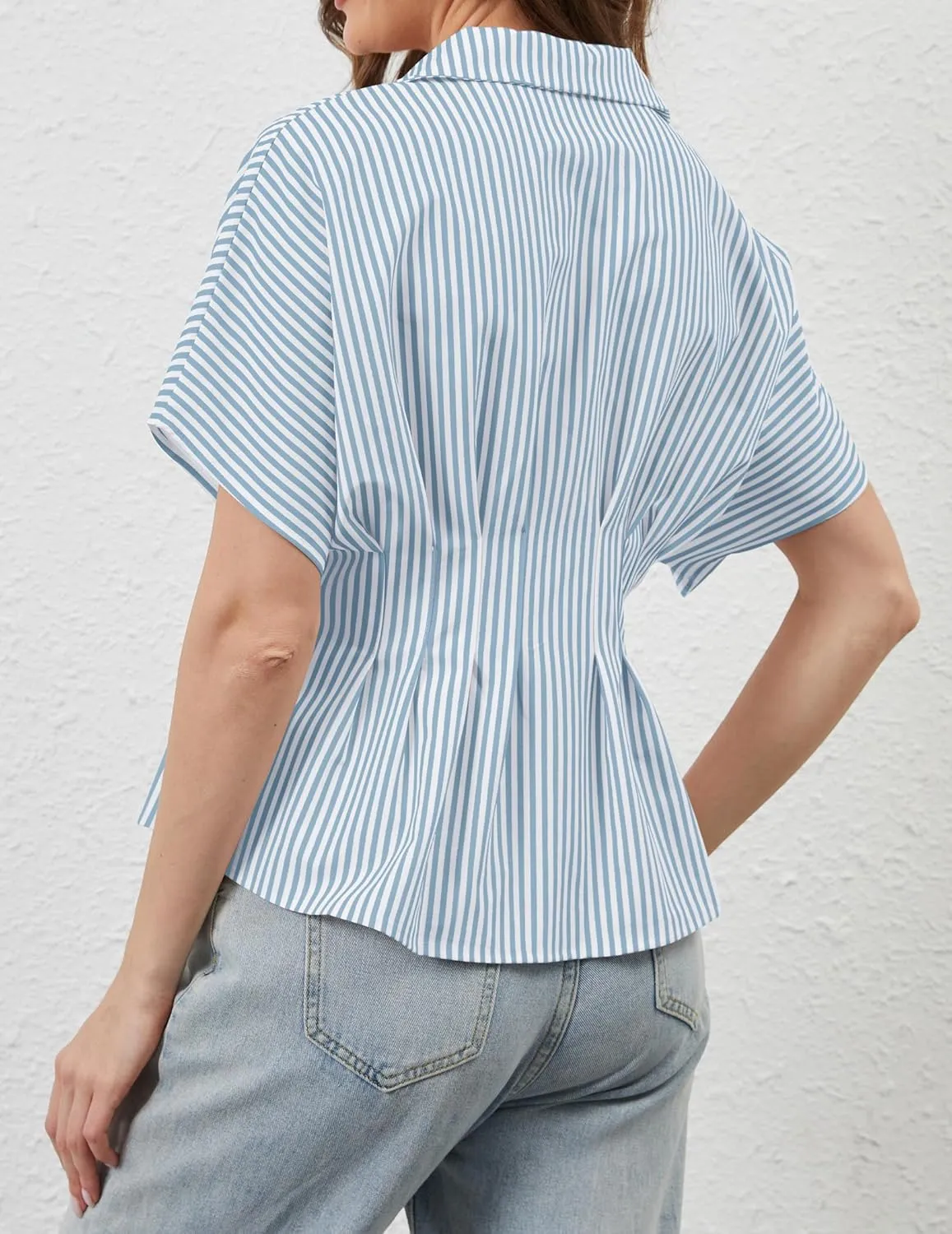 Womens Striped Button Down Shirts Short Sleeve Pleated Peplum Shirts Dressy Casual Lapel Tops Summer Business Blouse