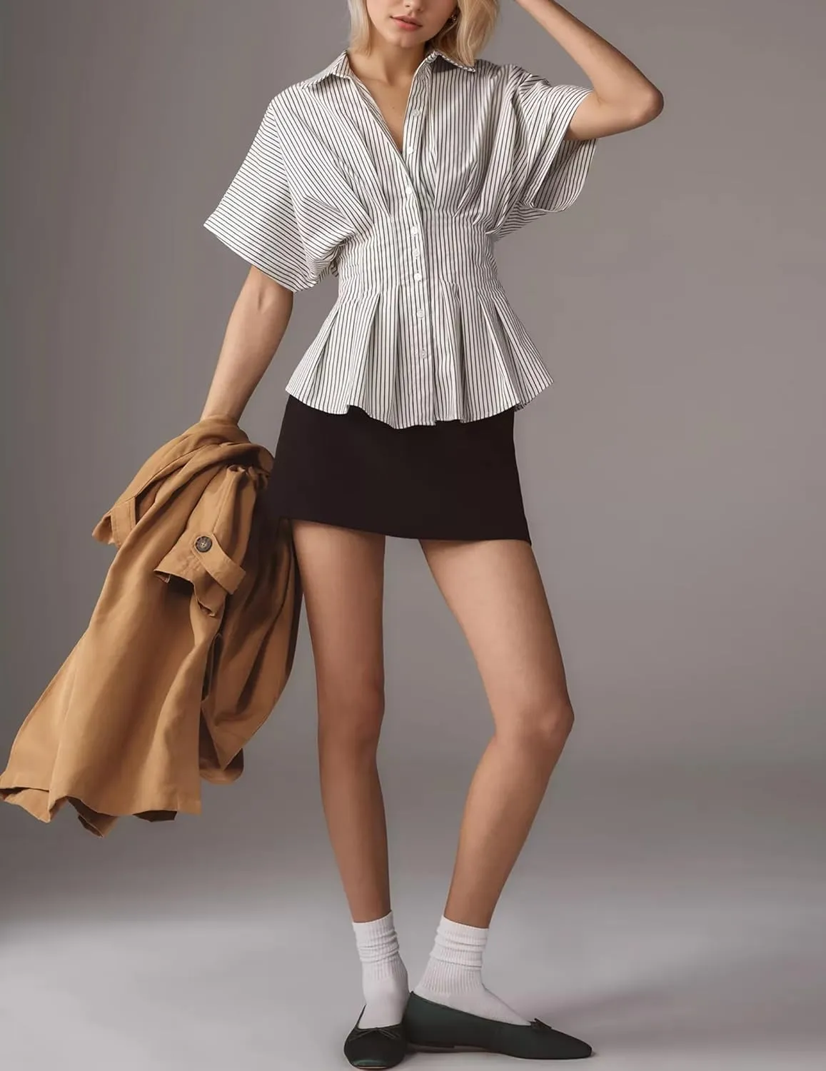 Womens Striped Button Down Shirts Short Sleeve Pleated Peplum Shirts Dressy Casual Lapel Tops Summer Business Blouse