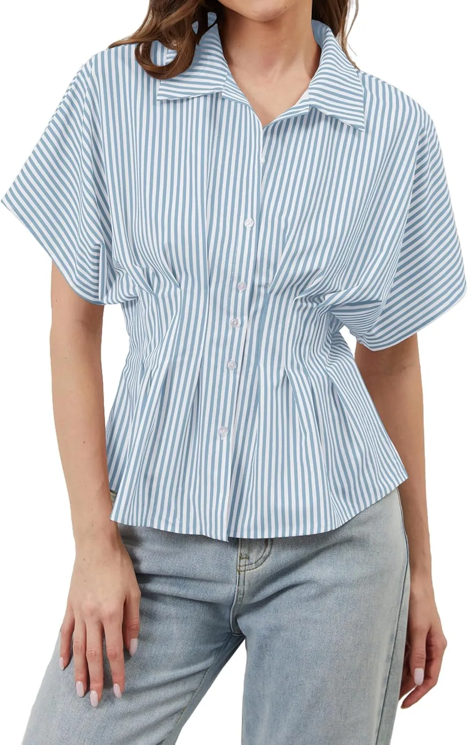 Womens Striped Button Down Shirts Short Sleeve Pleated Peplum Shirts Dressy Casual Lapel Tops Summer Business Blouse