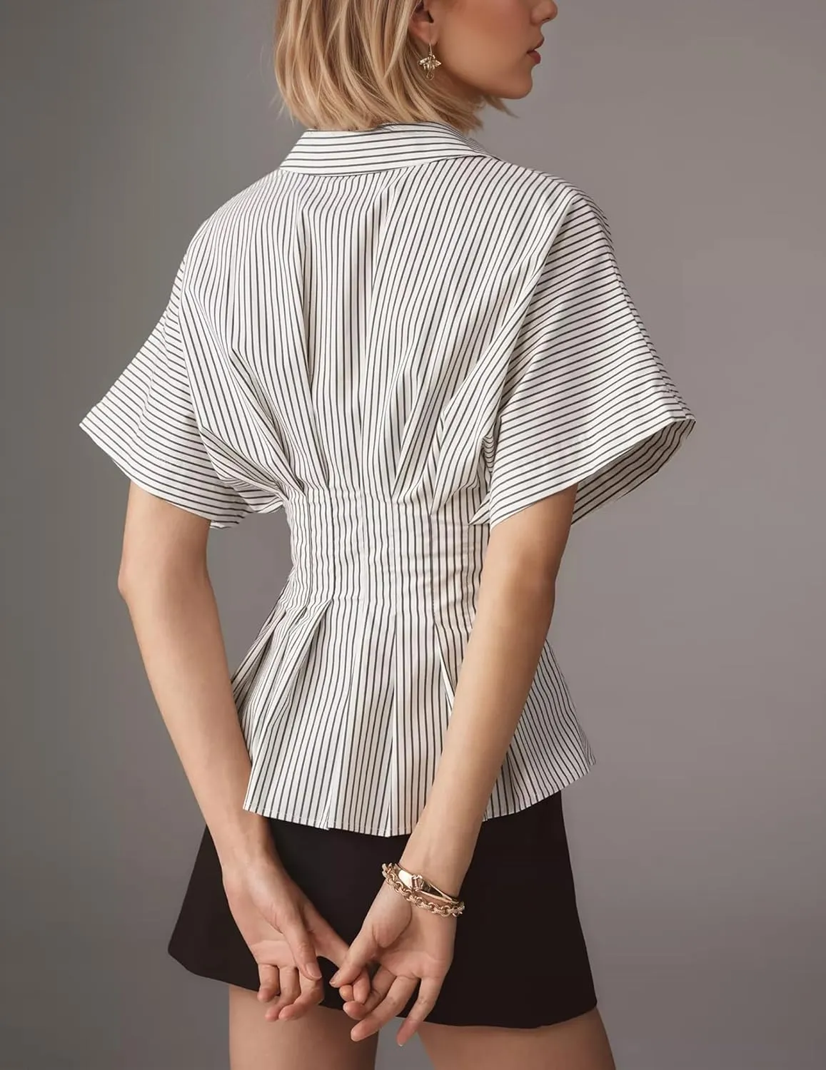 Womens Striped Button Down Shirts Short Sleeve Pleated Peplum Shirts Dressy Casual Lapel Tops Summer Business Blouse