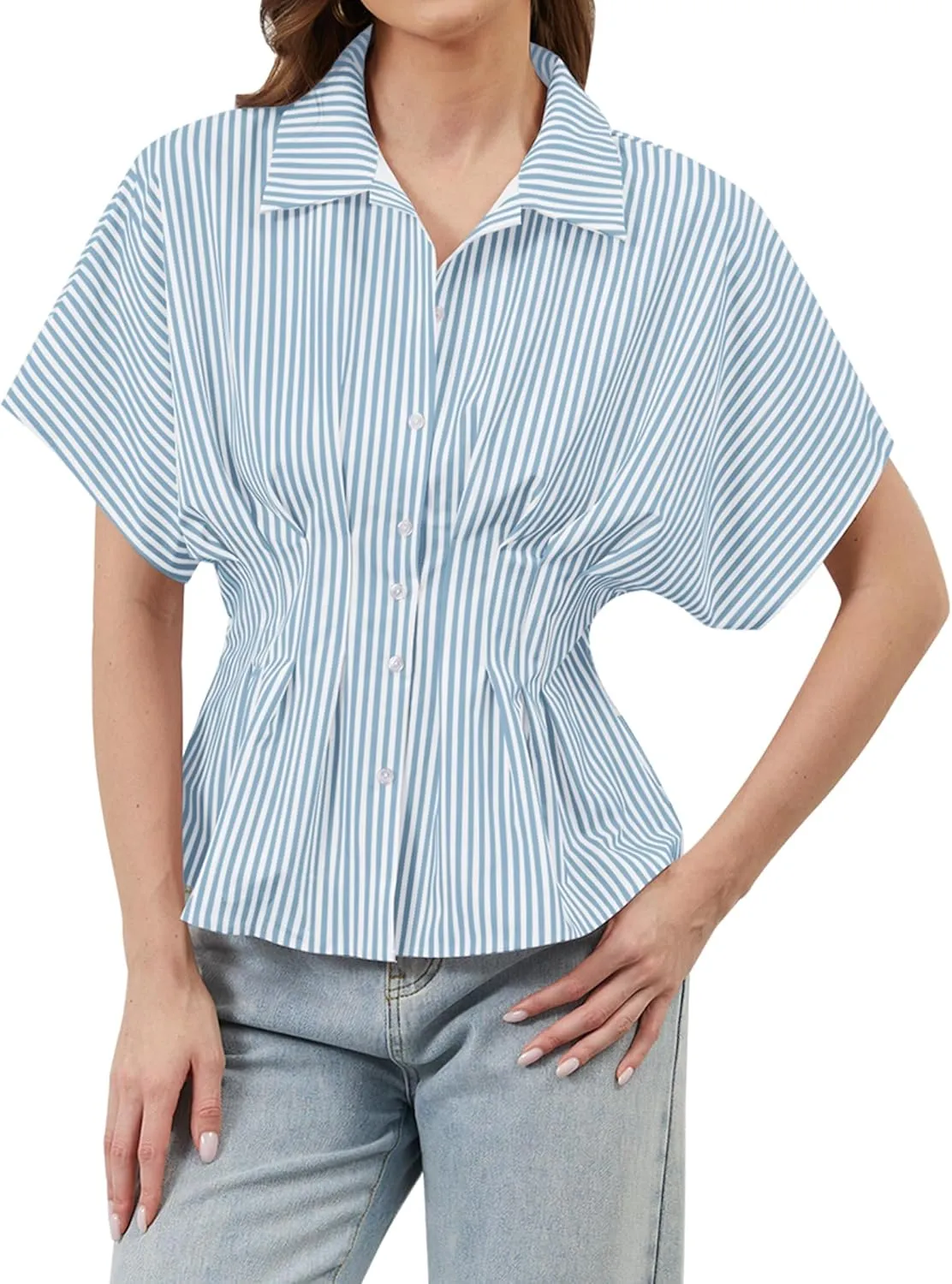 Womens Striped Button Down Shirts Short Sleeve Pleated Peplum Shirts Dressy Casual Lapel Tops Summer Business Blouse