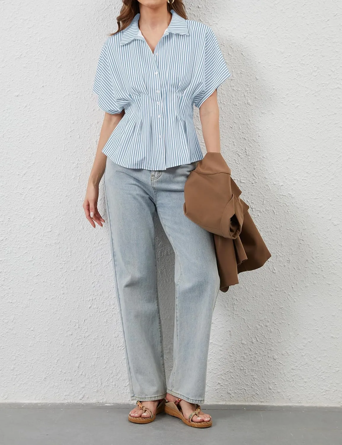 Womens Striped Button Down Shirts Short Sleeve Pleated Peplum Shirts Dressy Casual Lapel Tops Summer Business Blouse