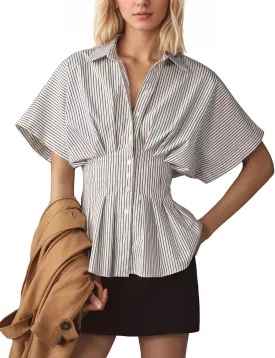 Womens Striped Button Down Shirts Short Sleeve Pleated Peplum Shirts Dressy Casual Lapel Tops Summer Business Blouse