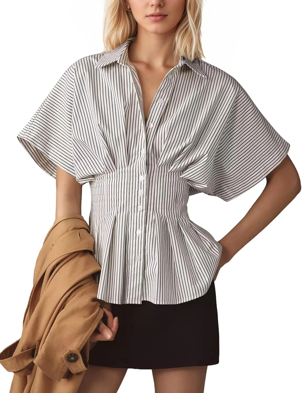Womens Striped Button Down Shirts Short Sleeve Pleated Peplum Shirts Dressy Casual Lapel Tops Summer Business Blouse