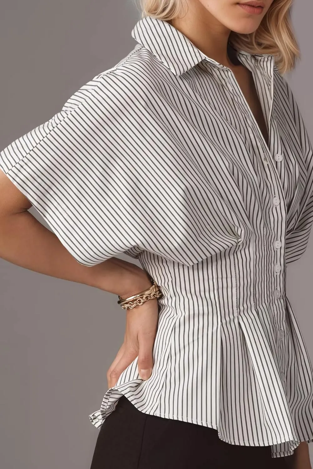 Womens Striped Button Down Shirts Short Sleeve Pleated Peplum Shirts Dressy Casual Lapel Tops Summer Business Blouse