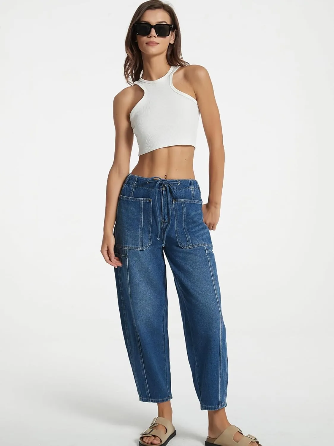Women's Wide Leg Baggy Jeans Elastic Mid Rise Barrel Jean Loose Boyfriend Denim Pants with Drawstring