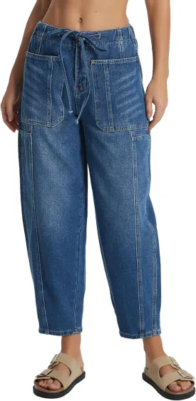 Women's Wide Leg Baggy Jeans Elastic Mid Rise Barrel Jean Loose Boyfriend Denim Pants with Drawstring