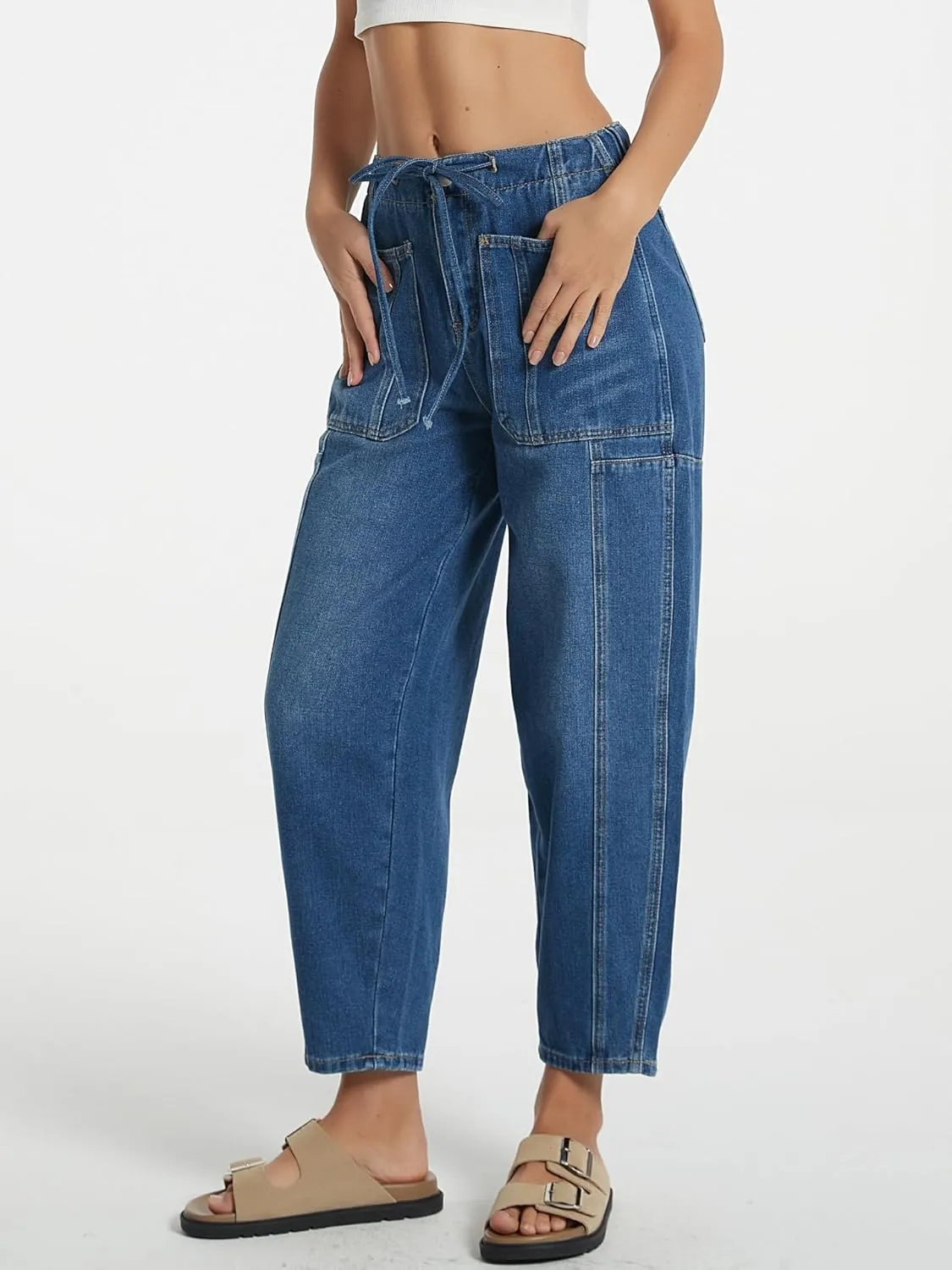 Women's Wide Leg Baggy Jeans Elastic Mid Rise Barrel Jean Loose Boyfriend Denim Pants with Drawstring