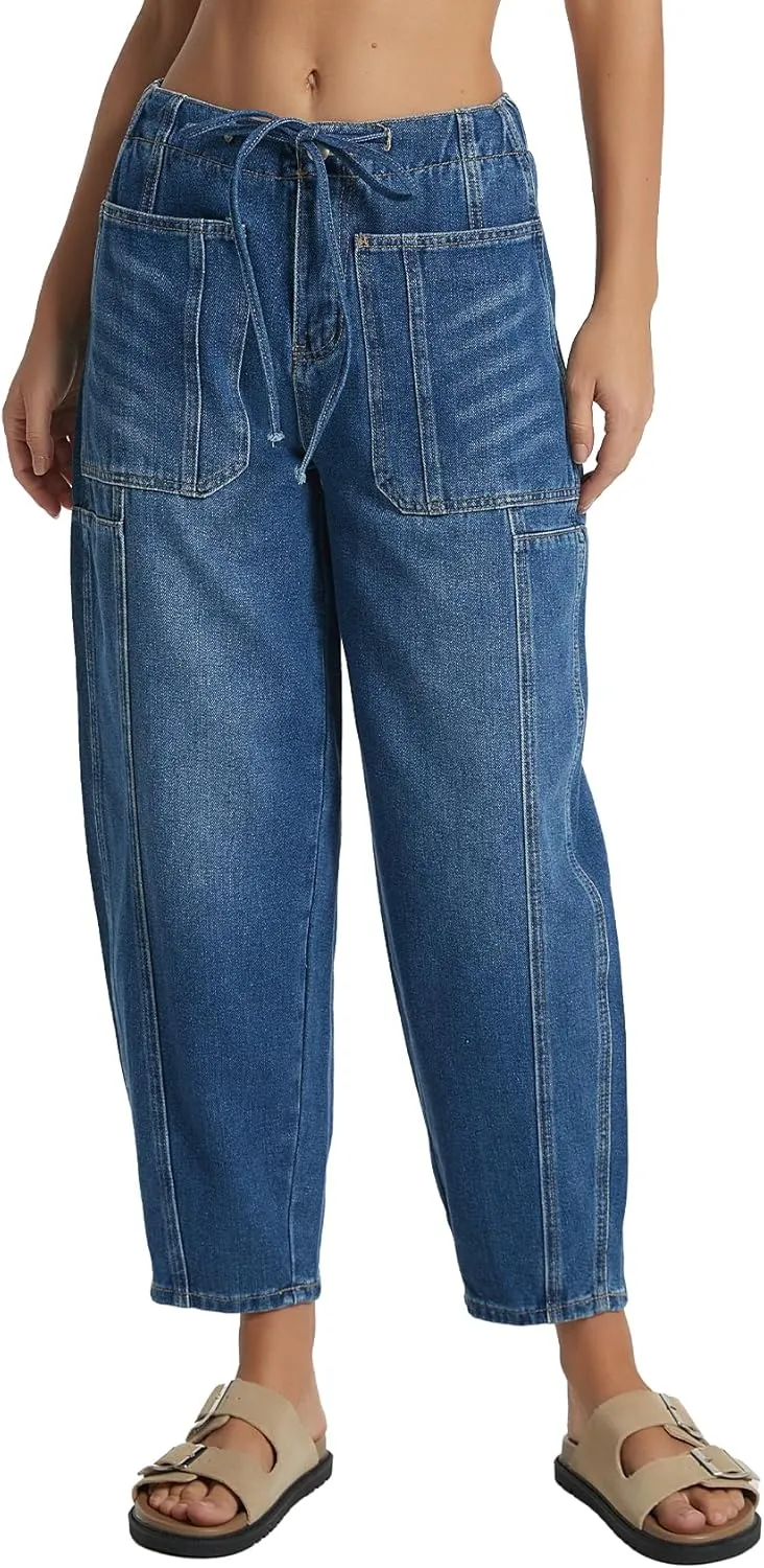 Women's Wide Leg Baggy Jeans Elastic Mid Rise Barrel Jean Loose Boyfriend Denim Pants with Drawstring
