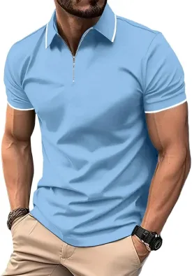 ZITY Mens Quarter Zip Polo Shirts Casual Classic Short Sleeve Contrast Collar Polo T Shirts Sky Blue M